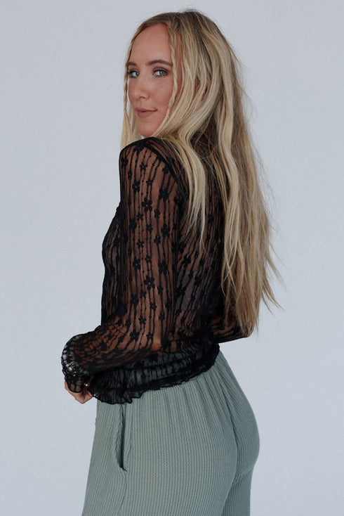 Sheer Floral Lace Long Sleeve Slim Fit Top